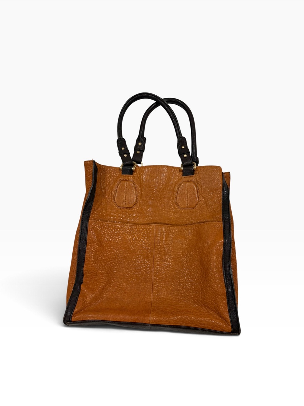 Sloane & Alex Colorblock Tan Leather Tote with Black Trim and Top Handles “Maya”